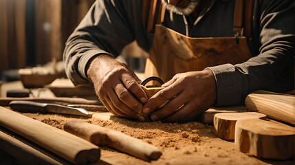 Hands of a seasoned carpenter, surrounded by the aroma of freshly cut wood, expertly employs various tools to craft fine wooden pieces - Powered by Adobe