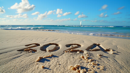 Fototapeta na wymiar 2024 inscription in the beach sand on a sunny ay at the shore