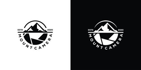 Creative Mount Camera Logo. Lens Camera Mountain Hills Peak Nature Hipster Stamp. Logo Icon Symbol Vector Design Template.