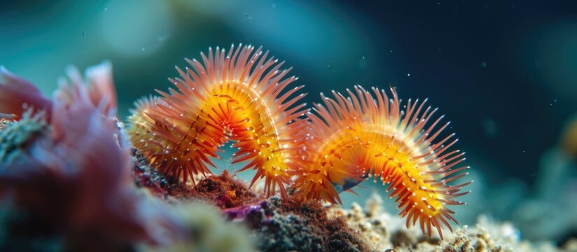 Macro photography of two venomous red spiny fireworms (Amphinomidae family) on the ocean's seabed during scuba diving.