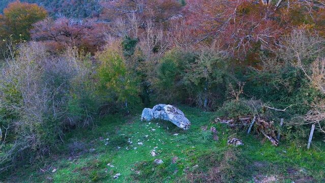 Dolmen in the surroundings of the Sanctuary of San Miguel de Excelsis in the Sierra de Aralar. Aerial view from a drone. Municipality of Uarte Arakil. Navarre. Spain. Europe
