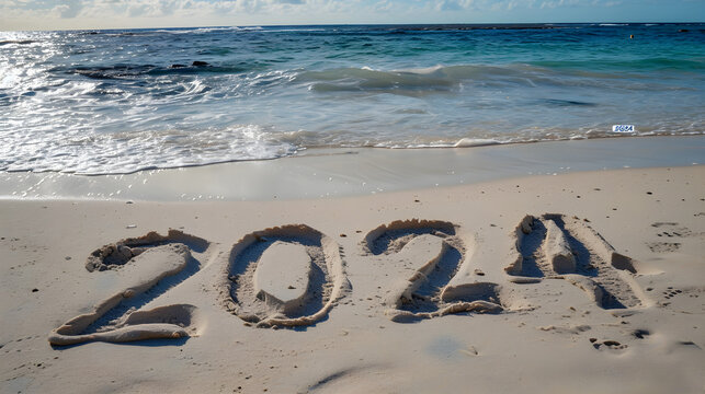 2024 inscription in the beach sand on a sunny ay at the shore