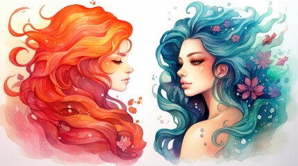 Watercolor drawing of two girls with red hair and green hair looking at each other on a white background.