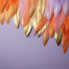 Pastel Purple Background - Orange, Gold, Purple Feathers Border at the Top