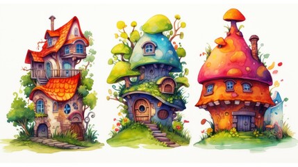 Three fairy houses filled with watercolor magic take center stage in this enchanting depiction of fantasy houses. - obrazy, fototapety, plakaty