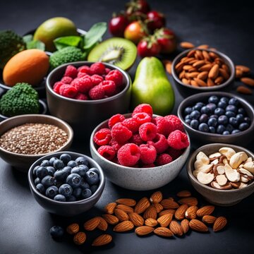 Healthy food selection. Superfoods, assorted fruits and a variety of berries, nuts and seeds. Concept Healthy food, healthy habits, diet, healthy, nutrition, lifestyle. Image generated with AI.