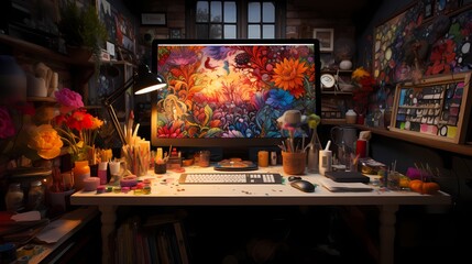 A creative workspace with an Apple iMac, a wireless keyboard and mouse, a tablet, and an array of colorful markers and pens - obrazy, fototapety, plakaty