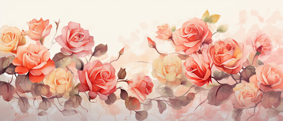 hermosa acuarela de rosas rojas, rosadas, amarillas, anaranjadas y hojas verdes, sobre fondo beige...