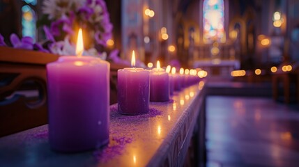 Purple candles on an Ash Wednesday altar, no people, tranquil and holy ambiance, soft glow from the candles illuminating the church's ancient architecture