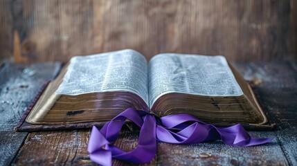 Open bible with purple ribbon bookmark on Ash Wednesday, ash cross visible on the page, feeling of devotion and quiet reflection