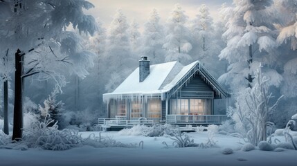 . A cozy cabin covered in a pristine layer of snow, nestled within a snowy forest, captures the serene magic of a winter's evening.