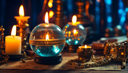 Magic ball, candles background mysticism
