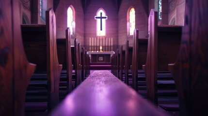 purple light Wooden Cross on Empty Pew for Ash Wednesday. Ash cross on an empty pew, symbolizing Ash Wednesday, simple wooden church interior, somber and introspective mood. - obrazy, fototapety, plakaty