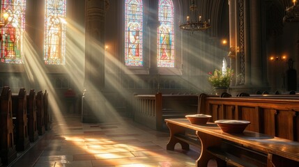 Empty church on Ash Wednesday, ash-filled bowls on the altar, serene and contemplative atmosphere, Serene Ash Wednesday Church Interior. - obrazy, fototapety, plakaty