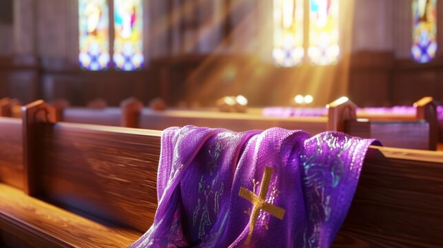 Church Pew with Purple Lent Scarf. Empty church pew with a purple scarf, ash cross on the fabric, reflective and serene mood