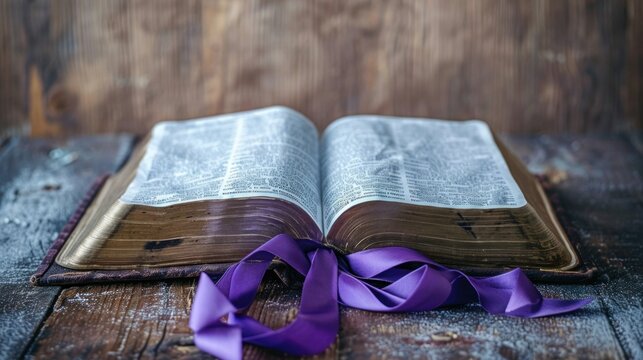 Open bible with purple ribbon bookmark on Ash Wednesday, ash cross visible on the page, feeling of devotion and quiet reflection