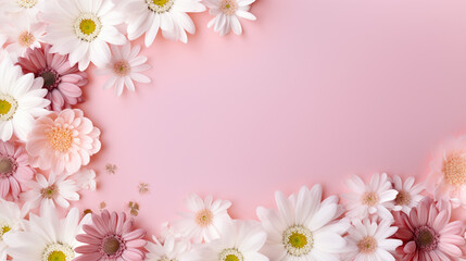 Several white and pink flowers - daisies, chrysanthemums on a pink background.Generative AI