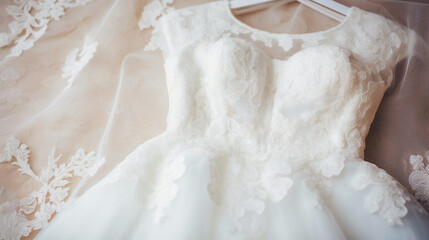 Wedding dress and veil laid out on the bed