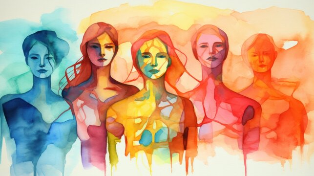 . Bright and textured watercolor: A stunning portrayal of feminine allure and strength in a group of women, perfect for All Women's Day.
