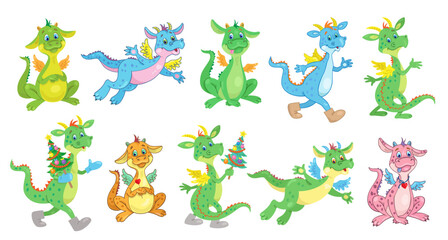Collection of funny colorful cute dragons in different poses. Symbols of Chinese New Year. In cartoon style. Isolated on white background. Vector illustration.