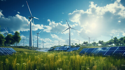solar panels and windmills in the field. an alternative power source.Generative AI - obrazy, fototapety, plakaty