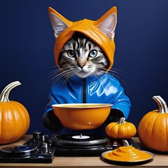 halloween cat dj with pumpkin 