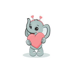 Cute cartoon elephant with heart isolated on white background . Postcard for Valentine's Day, Mothers day. Vector illustration