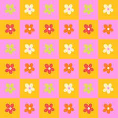 Checkered floral background seamless pattern with flowers 70s colorful wallpaper backdrop