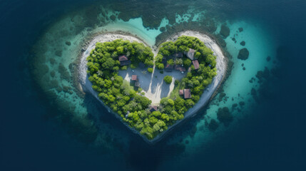 Heart shaped island of love. Palm trees and blue ocean.