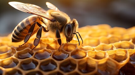 Serene moment. bee on honeycomb with golden honey, sony alpha 9 ii and fe 90mm f2.8 macro g oss lens - obrazy, fototapety, plakaty