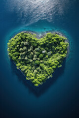 Heart shaped island of love. Palm trees and blue ocean.