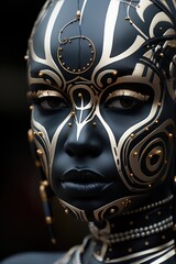 a close up gorgeous black female wearing robotic body art