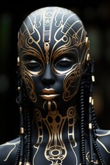 a close up gorgeous black female wearing robotic body art