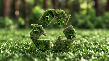 green recycling symbol on garden lawn background