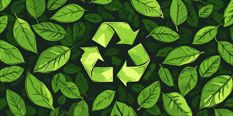 green recycling symbol on leaves background - obrazy, fototapety, plakaty