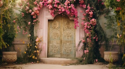 Fototapeta na wymiar A door is covered with pink flowers and vines
