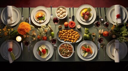A long table with plates of food and glasses of wine