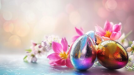 Three shiny easter eggs with flowers in the background