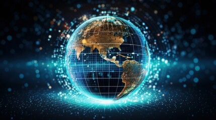 Obraz premium Artificial Intelligence and Global E-Learning. Neon globe surrounded by digital data streams and AI algorithms, highlighting the role of AI in global education and e-learning