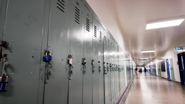 Interior view of a high school hallway