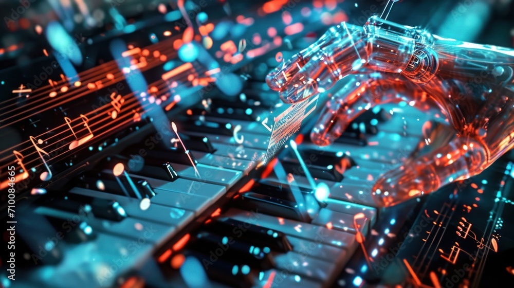 Poster artificial intelligence in music composition. ai musical staff where notes are being arranged by dig