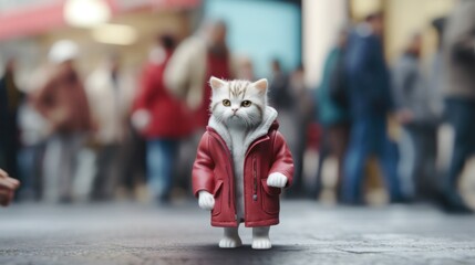 A white cat wearing a red coat standing on a street - obrazy, fototapety, plakaty