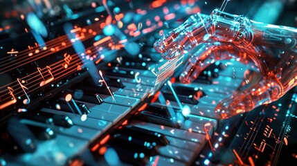 Artificial Intelligence in Music Composition. AI musical staff where notes are being arranged by...