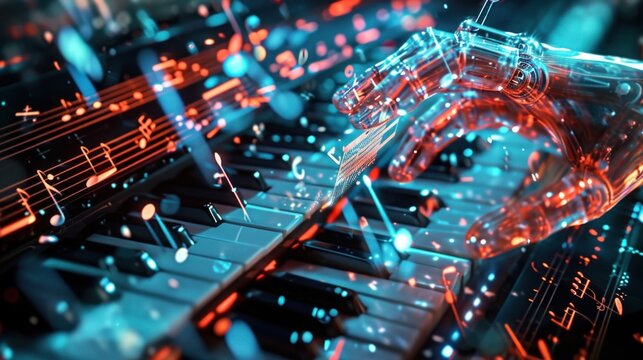 Artificial Intelligence in Music Composition. AI musical staff where notes are being arranged by digital hands, symbolizing AI involvement in music composition and creation