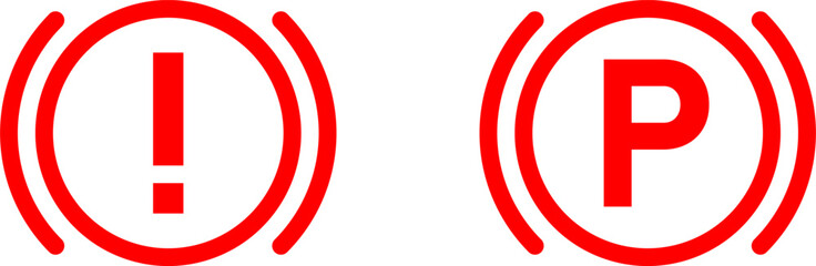 Red Break and Handbreak Warning Light Symbol Icon Set with Exclamation Mark and the Letter P. Vector Image.