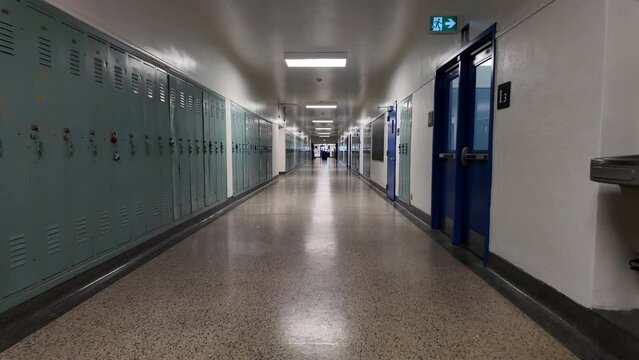 Interior view of a high school hallway