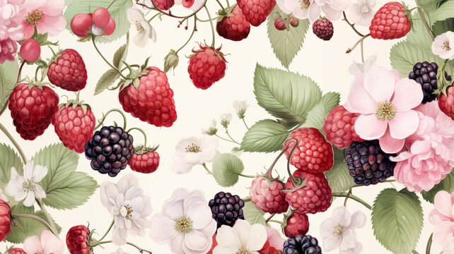 watercolor seamless pattern with raspberry berries and green leaves