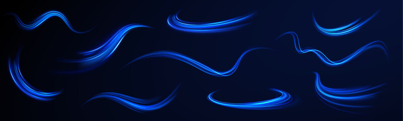 Obraz premium Blue glowing shiny lines effect vector background. Luminous white lines of speed. Light glowing effect. Light trail wave, fire path trace line and incandescence curve twirl.