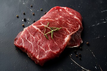 Raw beef steak with spices and rosemary on a black concrete background, studio light, close up