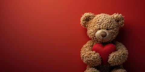 Fuzzy Teddy Bear Holding a Red Heart Against Gradient Red Background - Valentine's day - love
